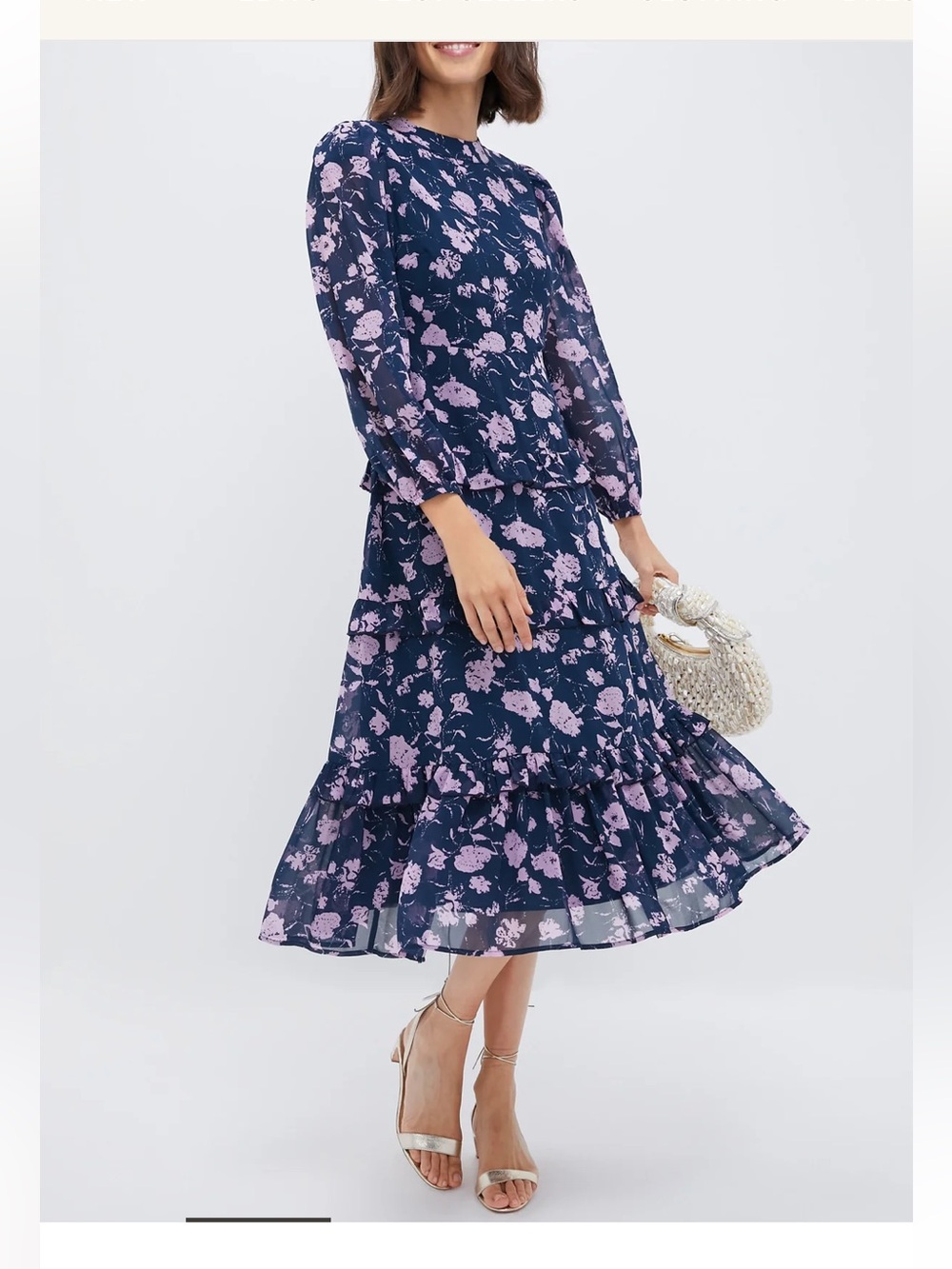 NWT HYACINTH HOUSE Navy & Blush Abstract Floral Rosalind Ruffle Midi Dress